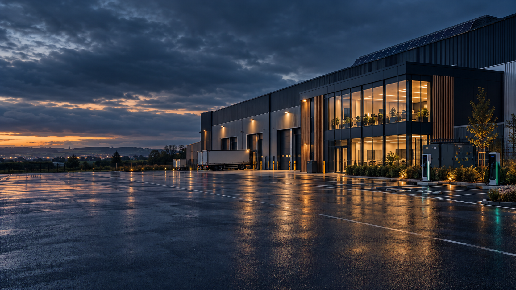 Modern UK commercial facility with solar panels and EV charging